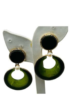 Huge Vintage Swoboda Jade and Cultured Pearl Dangle Earrings